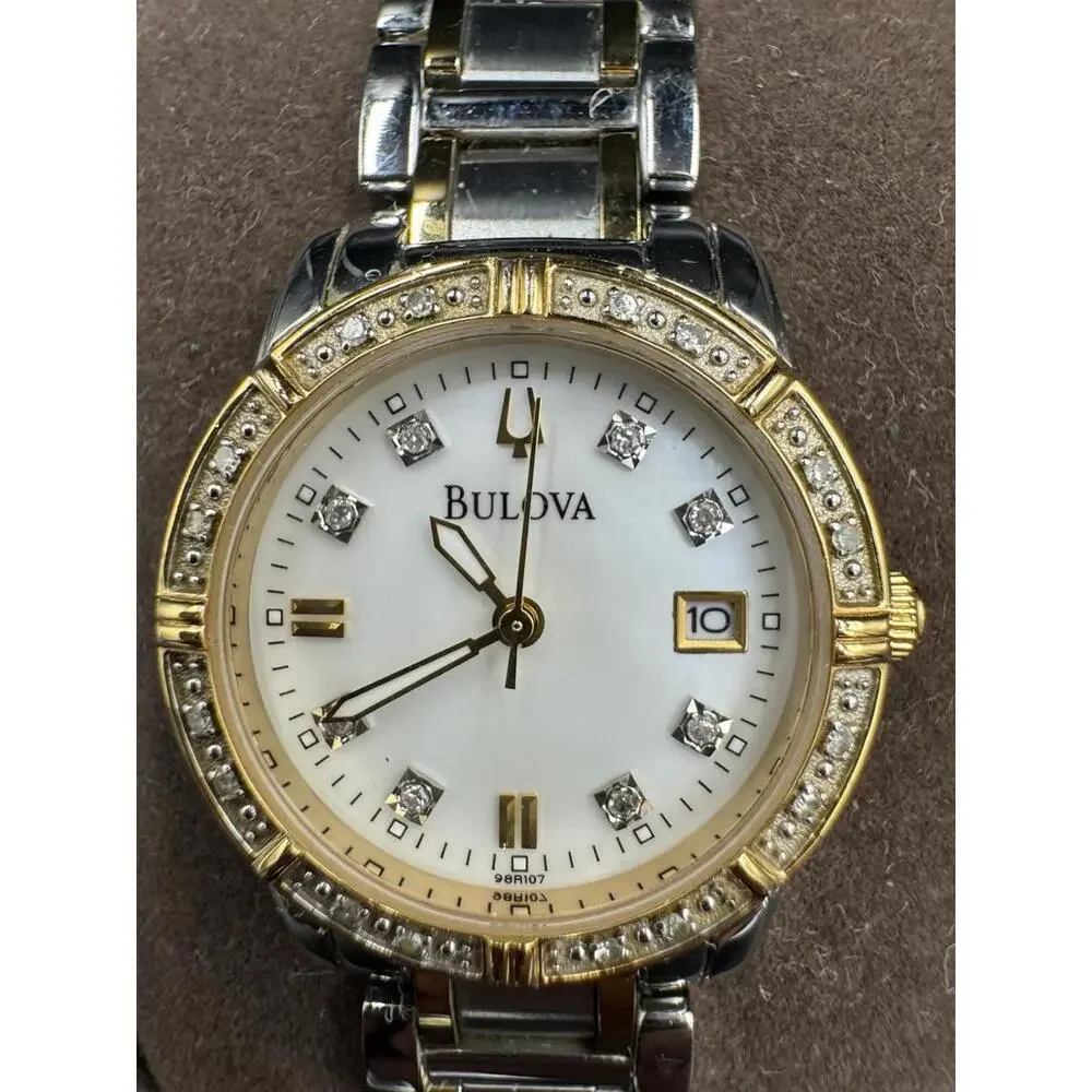 Bulova Watch Women 26mm Silver Gold Tone 98R107 MOP Diamond with New Battery  VG